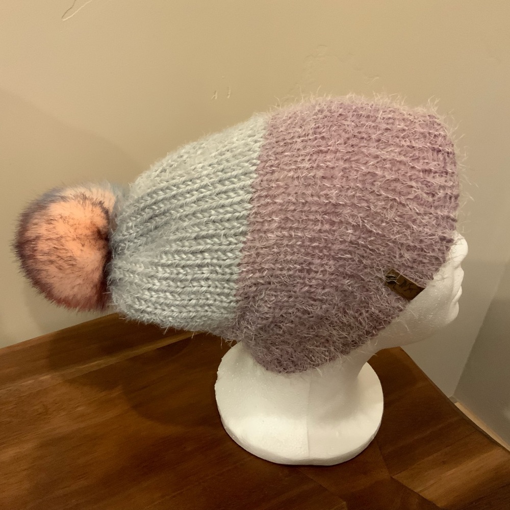 Slouchy Knitted Winter Reversible Hat - Faux Fur Snap Pom option on both sides